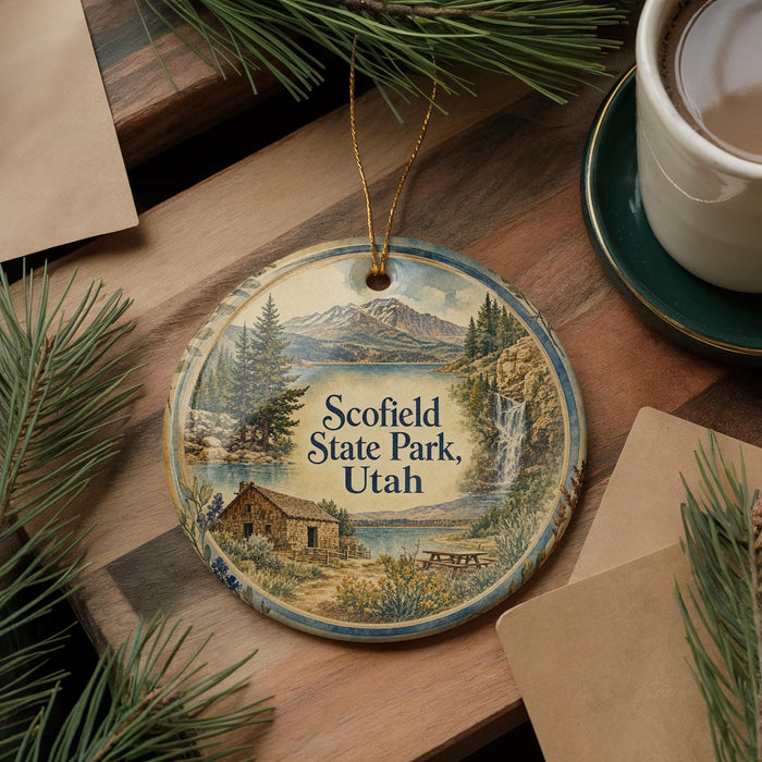 A decorative ornament featuring a scenic landscape with mountains, pine trees, and a cabin, hanging on a wooden surface.