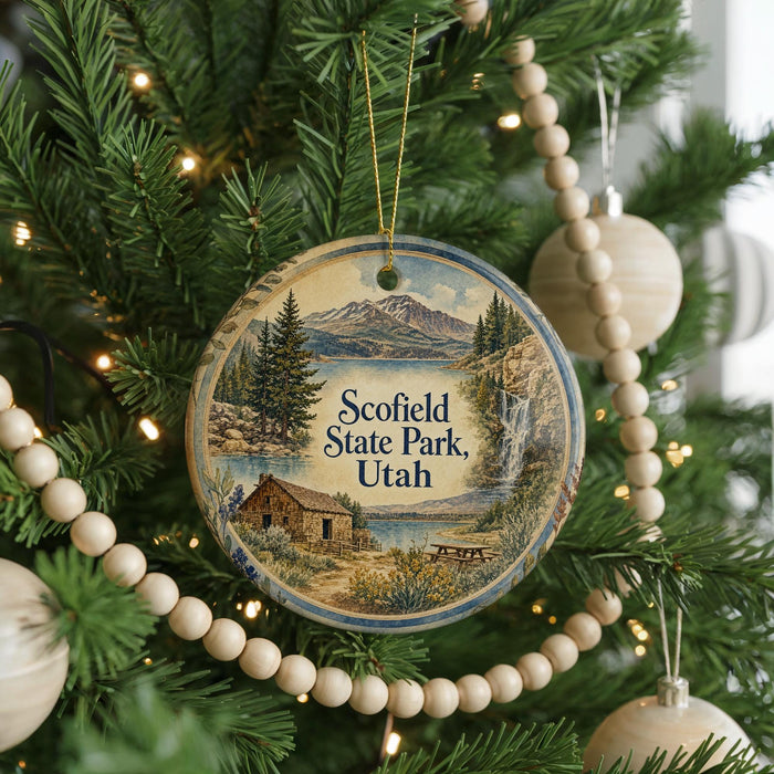 A round ornament hanging on a Christmas tree, featuring a scenic landscape with mountains, a cabin, and a lake.