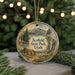 A round ornament with a scenic landscape of Scotfield State Park, Utah, featuring a cabin, mountains, and a lake.