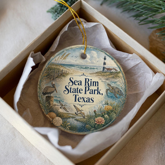 A decorative ornament in a box, featuring a lighthouse, sea birds, and a beach scene, with the text "Sea Rim State Park, Texas" printed on it.