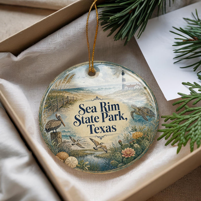 A decorative ornament in a box, featuring a scenic image of Sea Rim State Park, Texas, with a lighthouse and various wildlife elements.