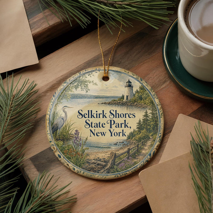 A round ornament with a lighthouse and a serene landscape, featuring the text "Selkirk Shores State Park, New York".