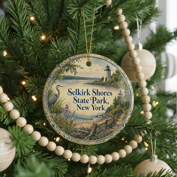 A round ornament on a Christmas tree, featuring a lighthouse and a seagull, with the text "Sellkirk Shores State Park, New York" printed on it.