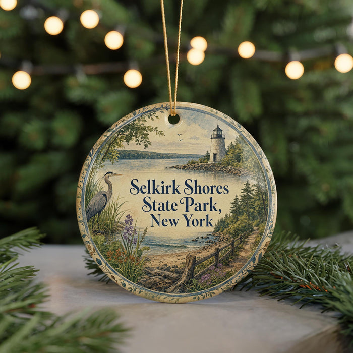 A round ornament with a scenic image of Selkirk Shores State Park, New York, featuring a lighthouse, a bird, and a body of water.