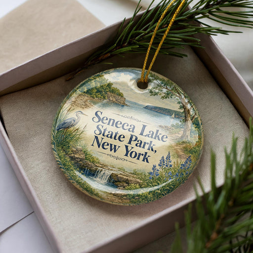 A decorative ornament in a box, featuring a scenic landscape with a lake, trees, and a bird.