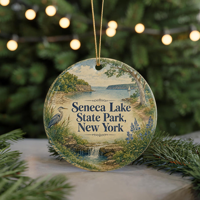 A decorative ornament featuring a scenic landscape with a lake, trees, and a bird, with the text "Seneeca Lake State Park, New York" prominently displayed.