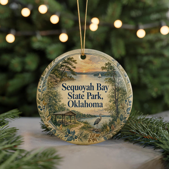 A decorative ornament with a scenic landscape featuring a lake, trees, and a bird, hanging in front of a Christmas tree with twinkling lights.