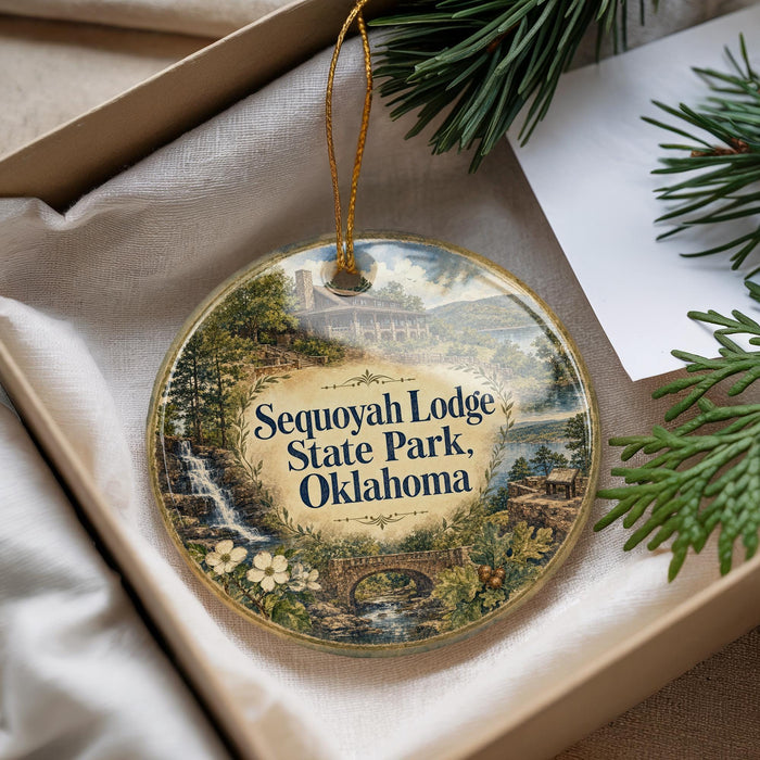 A decorative ornament with a scenic landscape of Sequoyah Lodge, State Park, and Oklahoma, hanging from a string.