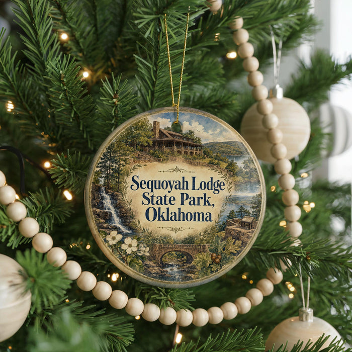 A round ornament hanging on a Christmas tree, featuring a scenic image of Sequoyah Lodge State Park, Oklahoma.