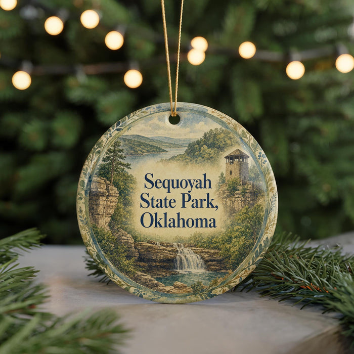 A round ornament with a scenic landscape of Sequoyah State Park, Oklahoma, featuring a waterfall and a castle, is displayed against a blurred background of Christmas lights.