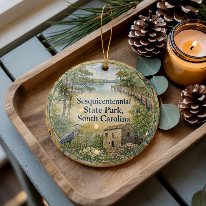 A wooden tray with a decorative ornament featuring a scenic landscape of Sesquicentennial State Park, South Carolina, and pine cones.