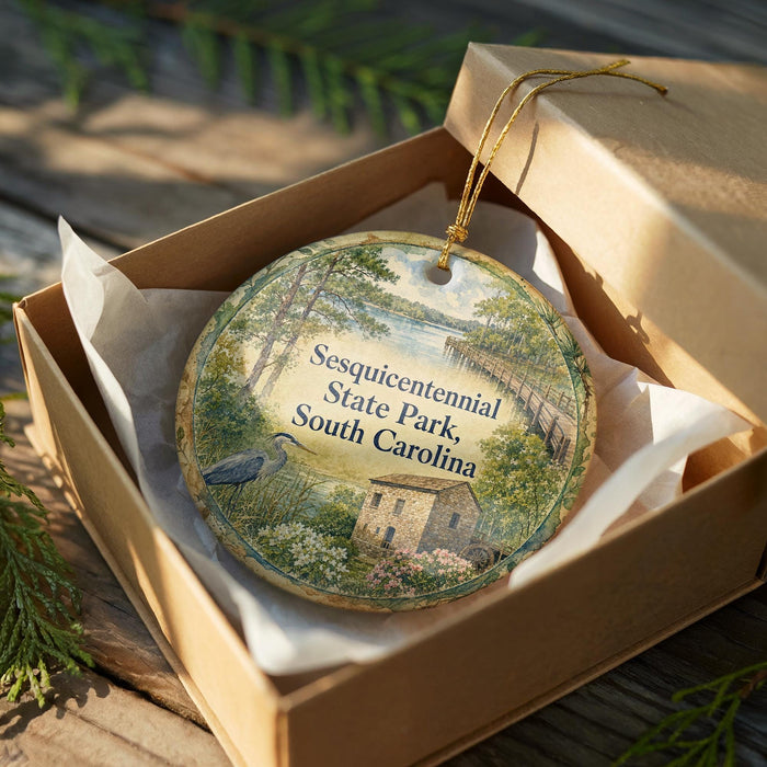 A decorative ornament in a brown box, featuring a scenic landscape with a house, trees, and a body of water.