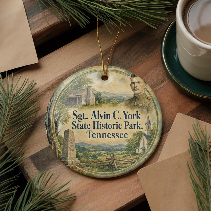 A circular ornament featuring a man in a military uniform, surrounded by a rural landscape, is displayed on a wooden surface alongside a cup of coffee and some pine branches.