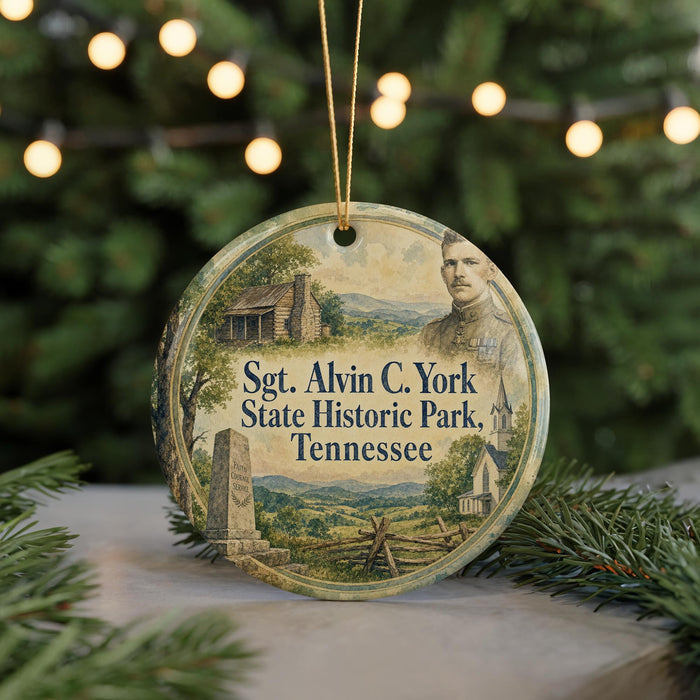 A round ornament with a picture of a man and a landscape, surrounded by Christmas lights and greenery.