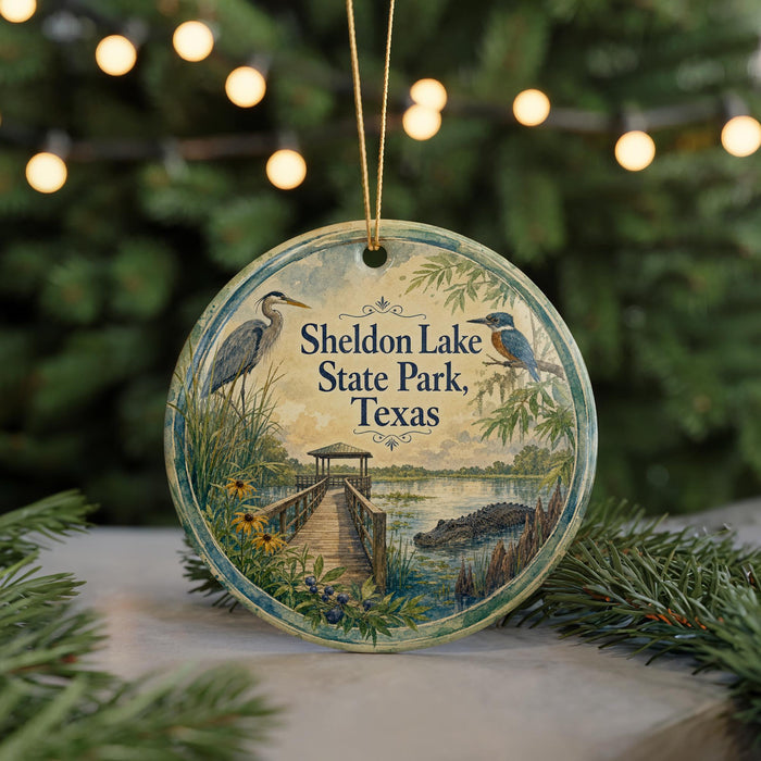 A round ornament with a scenic image of Sheldon Lake State Park, Texas, featuring a bird, a bridge, and a body of water.