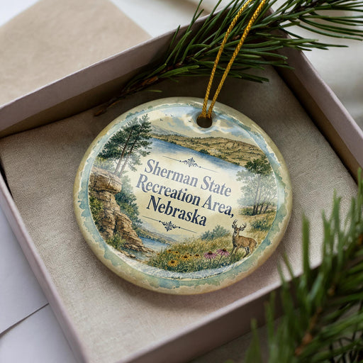 A decorative ornament in a box, featuring a scenic landscape with a river, trees, and a deer.