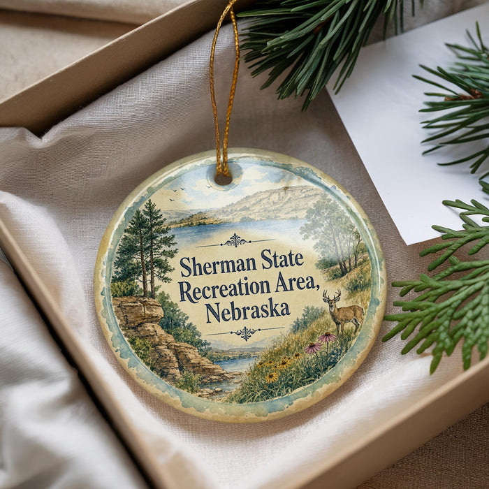 A decorative ornament with a scenic landscape of a river, mountains, and trees, featuring a deer in the foreground. The ornament is placed in a box with pine branches and a white card.