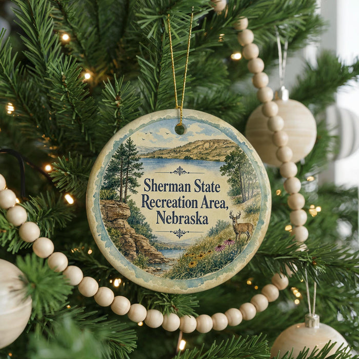 A round ornament hanging on a Christmas tree, featuring a scenic landscape of the Sherman State Recreation Area in Nebraska.