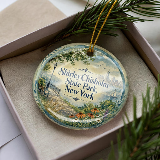 A decorative ornament in a box, featuring a scenic image of Shirley Chisholm State Park in New York.