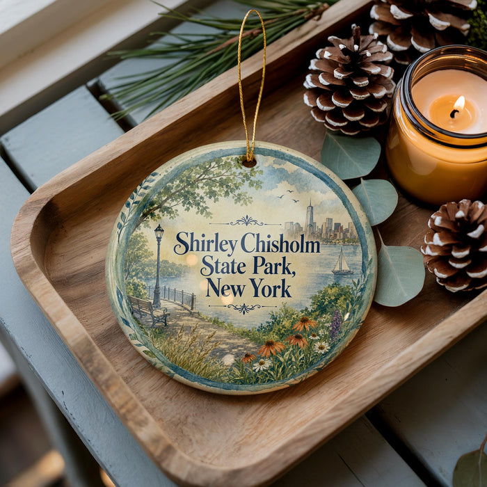 A decorative ornament with a scenic image of Shirley Chisholm State Park, New York, is displayed on a wooden tray alongside pine cones and a lit candle.
