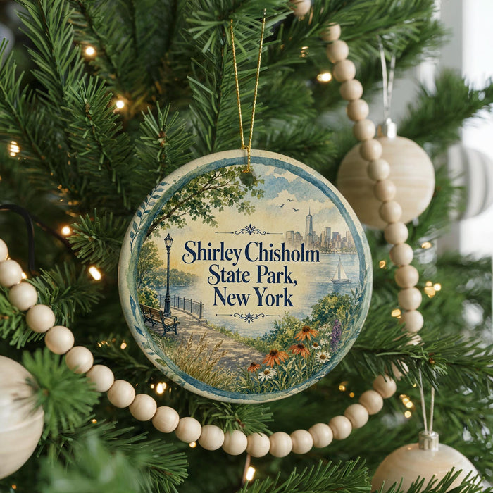 A round ornament hanging on a Christmas tree, featuring an illustration of Shirley Chisholm State Park in New York.