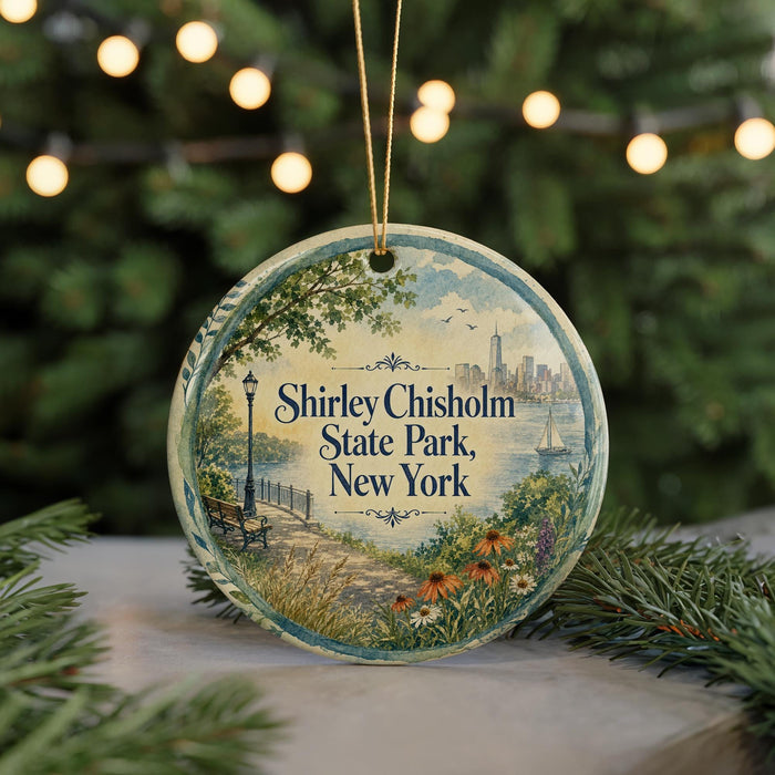 A round ornament with a scenic view of Shirley Chisholm State Park in New York, featuring a park bench, a lamppost, and a city skyline.