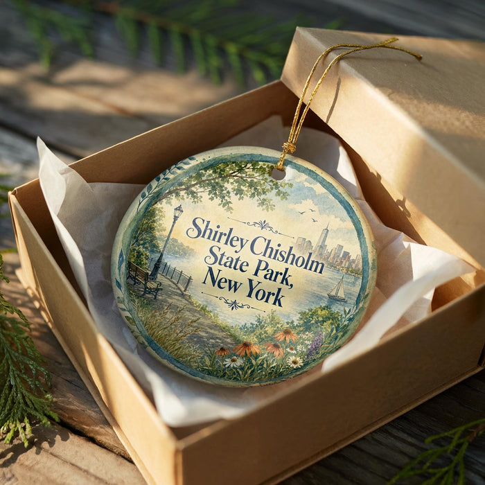 A decorative ornament in a cardboard box, featuring a scenic image of Shirley Chisholm State Park in New York.