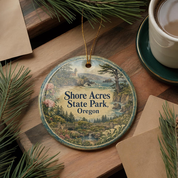 A round ornament with a scenic landscape of a park, featuring a lighthouse, trees, and a body of water, is displayed on a wooden surface alongside a cup of coffee and some papers.
