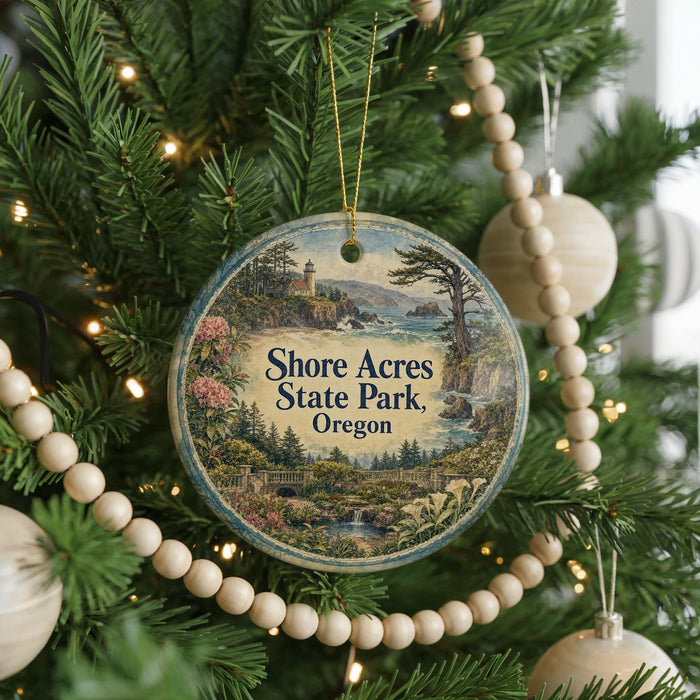 A round ornament hanging on a Christmas tree, featuring a scenic landscape with a lighthouse and a river.