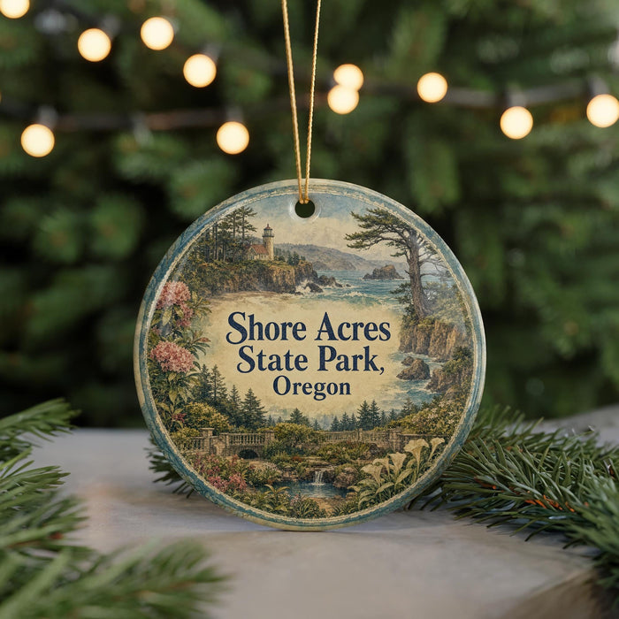 A round ornament with a scenic landscape of a forest, a lighthouse, and a body of water, hanging from a string.