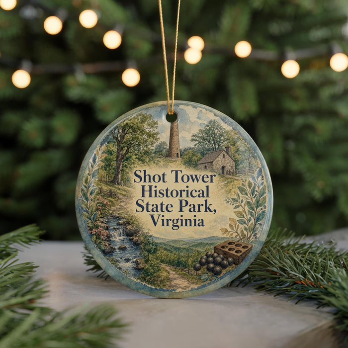 A circular ornament with a scenic illustration of Shot Tower Historical State Park, Virginia, surrounded by greenery and a string of lights.