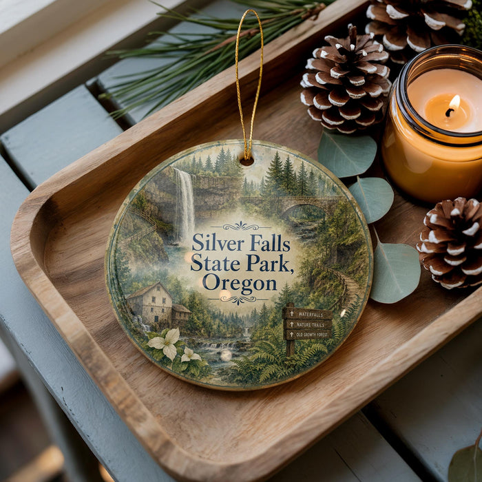 A wooden tray displaying a decorative ornament with a scenic image of Silver Falls State Park, Oregon, along with pine cones and a lit candle.