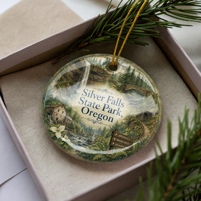 A decorative ornament featuring a scenic landscape with a waterfall, pine trees, and a sign that reads "Silver Falls State Park, Oregon".