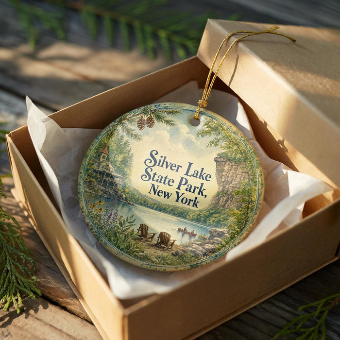 A decorative ornament in a cardboard box, featuring a scenic landscape with a lake, mountains, and a church.