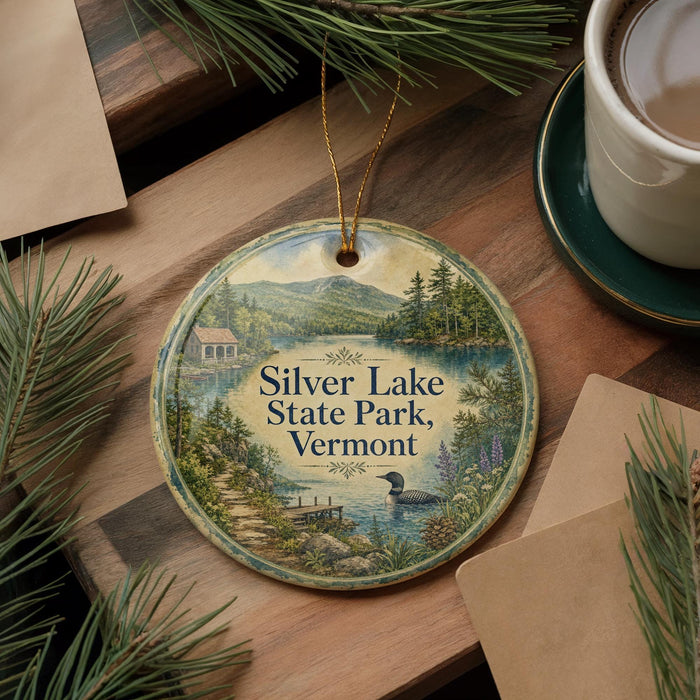 A round ornament with a scenic image of Silver Lake State Park, Vermont, hanging on a wooden surface.