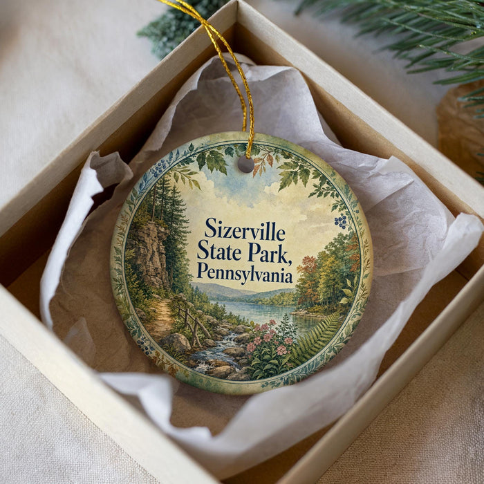 A decorative ornament in a box, featuring a scenic landscape with a river, trees, and mountains.