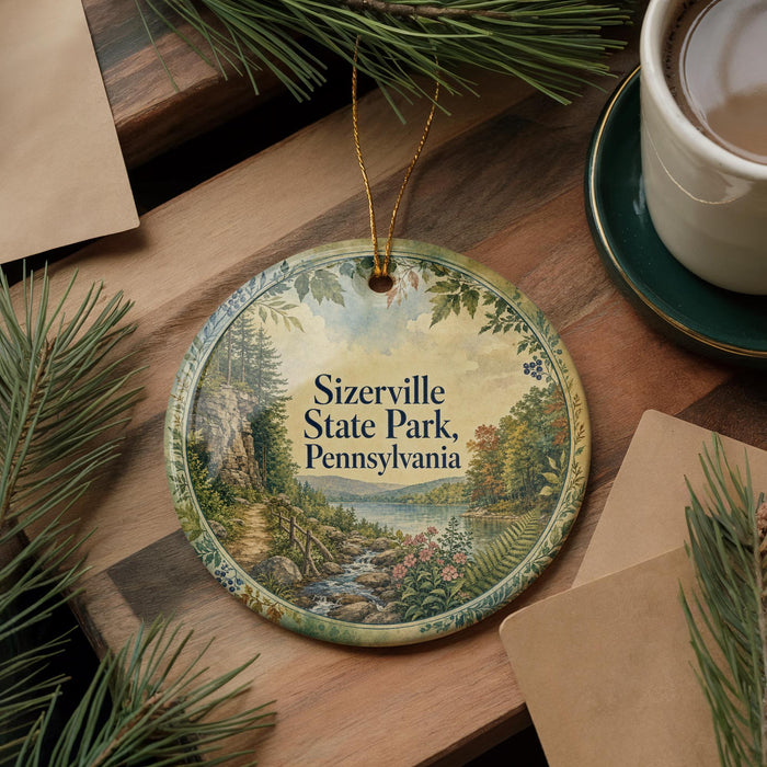 A decorative ornament with a scenic landscape of Sizerville State Park, Pennsylvania, featuring a river, trees, and mountains. The ornament is hanging from a string and is placed on a wooden surface, surrounded by pine branches and a cup of coffee.