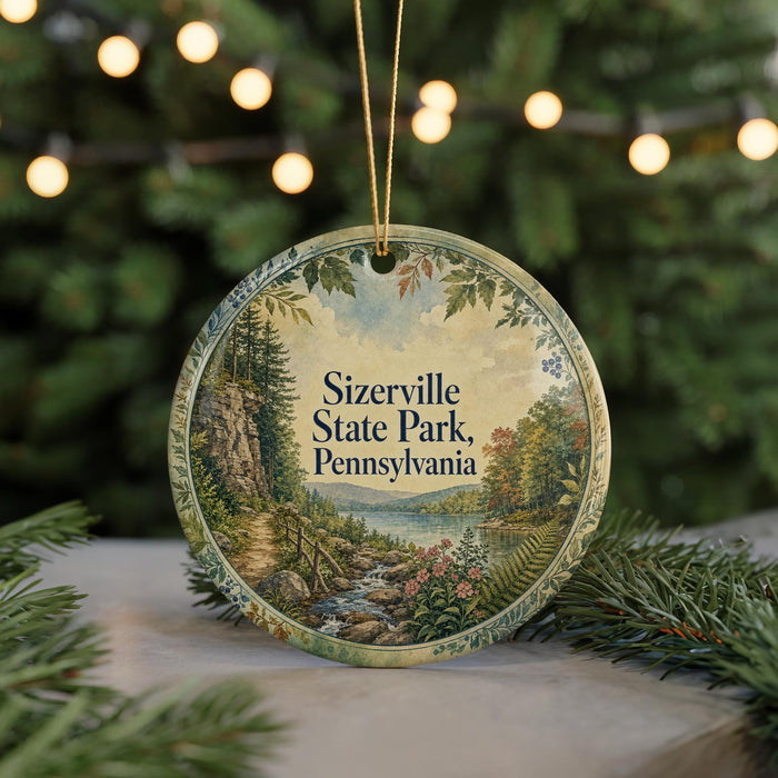 A round ornament with a scenic landscape of Sizersville State Park, Pennsylvania, featuring a river, trees, and mountains.