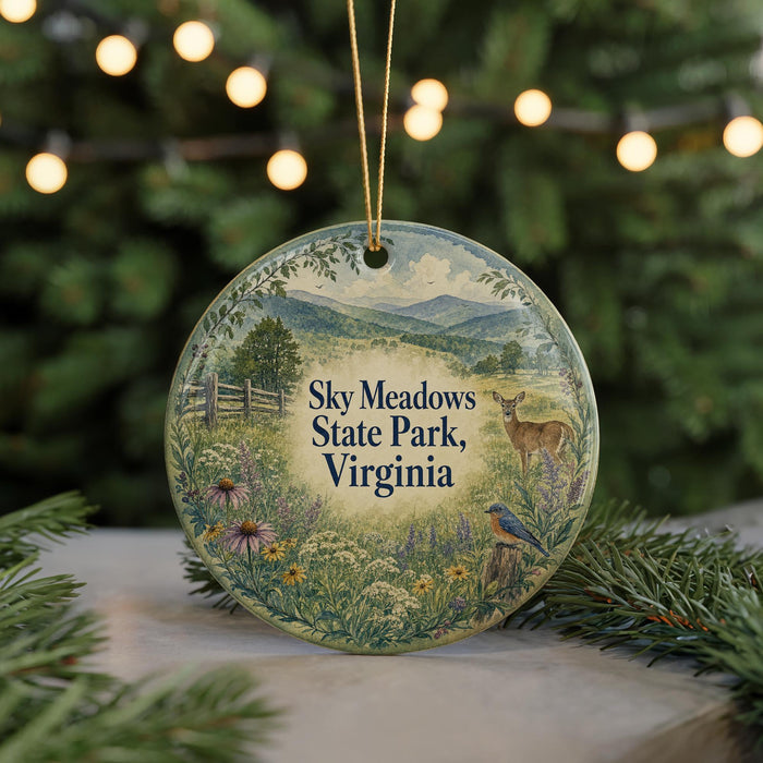 A round ornament with a scenic landscape featuring a deer, flowers, and mountains, hanging from a string.