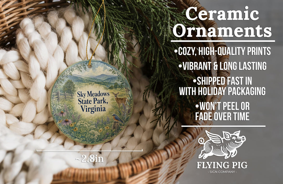Ceramic ornaments, featuring a nature scene with a bird and flowers, are displayed in a woven basket.