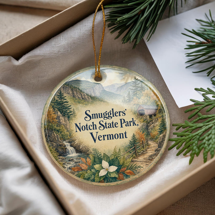 A round ornament with a scenic mountain landscape and text, placed in a box with pine branches.