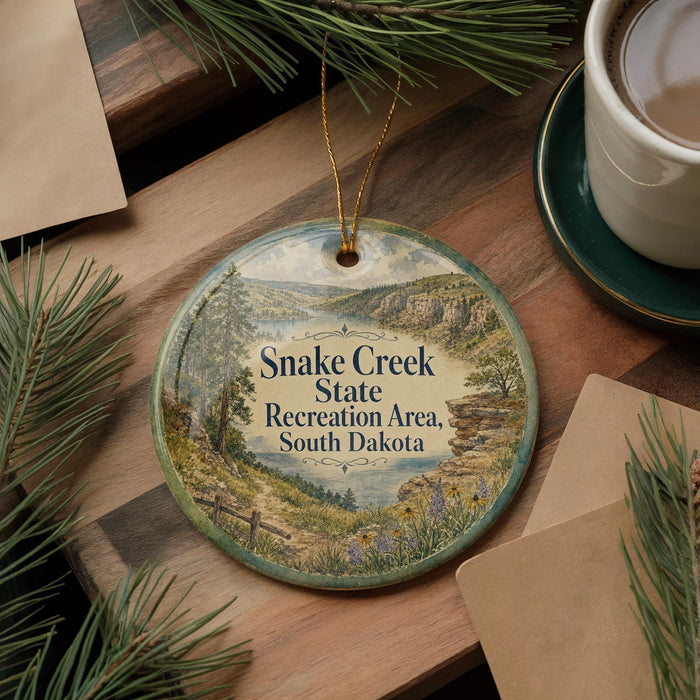 A decorative ornament featuring a scenic landscape of Snake Creek State Recreation Area in South Dakota, with pine trees and a body of water in the background.