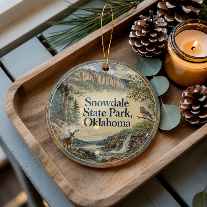 A wooden tray with a decorative ornament featuring a scenic landscape of Snowdale State Park, Oklahoma, and pine cones.