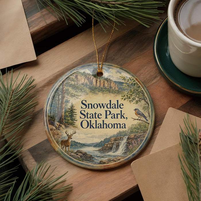 A decorative ornament with a scenic landscape of Snowdale State Park, Oklahoma, featuring a deer, pine trees, and a waterfall.