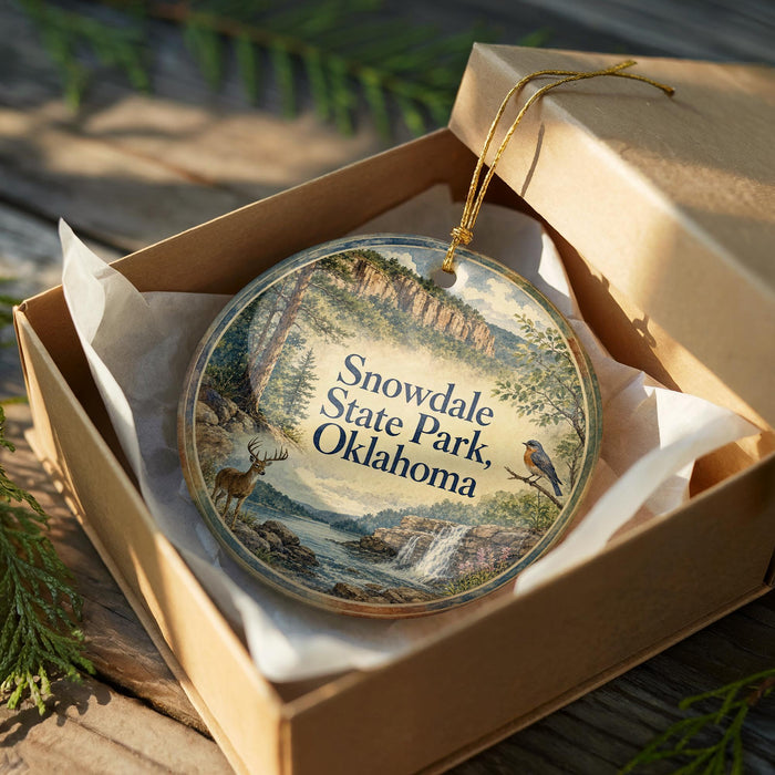 A decorative ornament in a wooden box, featuring a scenic landscape with a waterfall and wildlife, including a deer and a bird.
