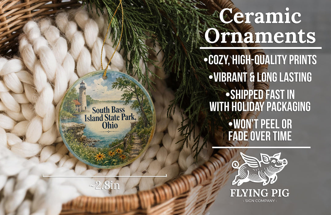 Ceramic ornaments, featuring a lighthouse and a scenic view of South Bass Island State Park, Ohio.