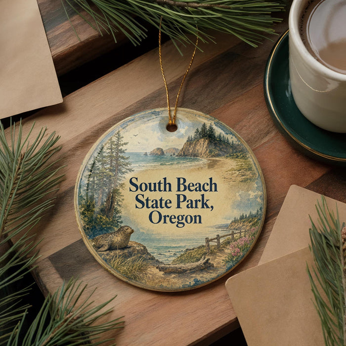 A decorative ornament featuring a scenic landscape of South Beach State Park, Oregon, with pine trees and a body of water in the background.