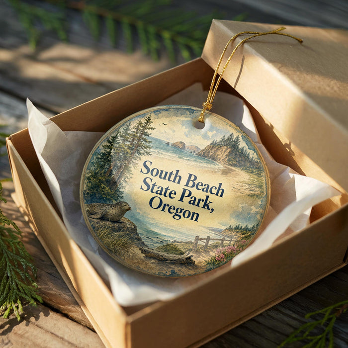 A decorative ornament in a wooden box, featuring a scenic landscape with a body of water, trees, and mountains.