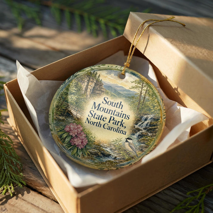 A decorative ornament in a wooden box, featuring a scenic landscape with mountains, trees, and a bird, along with the text "South Mountains State Park North Carolina".