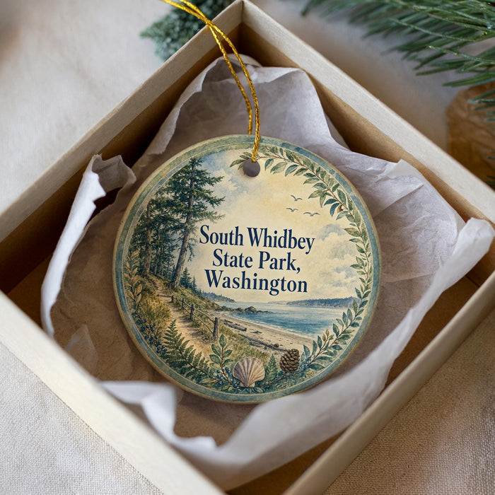 A round ornament with a scenic image of South Whidbey State Park, Washington, hanging from a string.